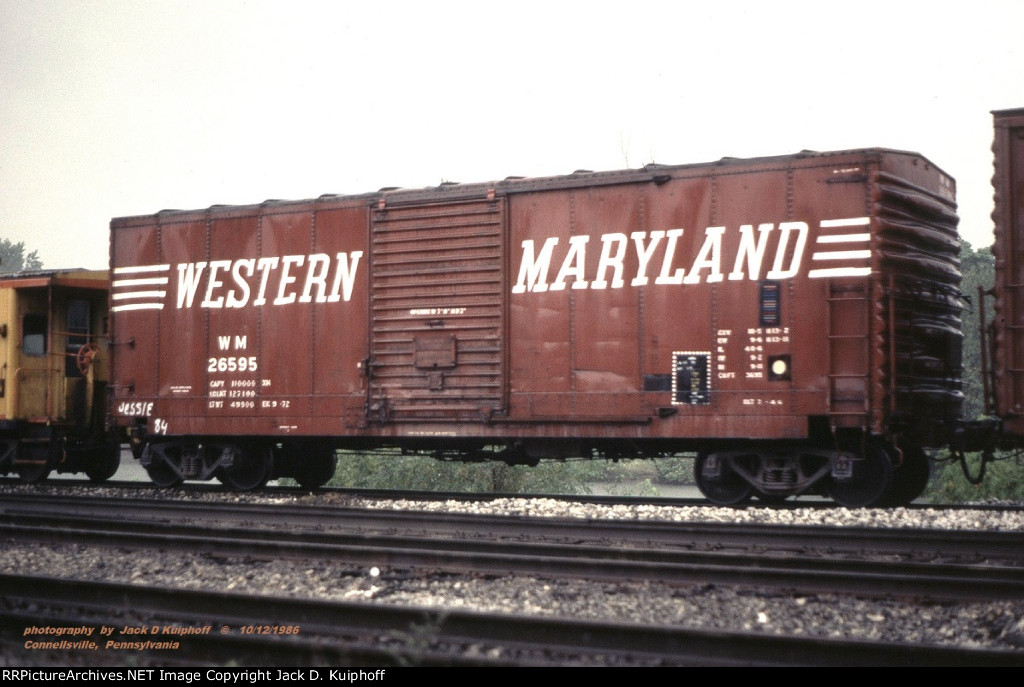 Western Maryland, WM 26595, 40 single door box car, Connellsville, Pennsylvania. October 12, 1986. 